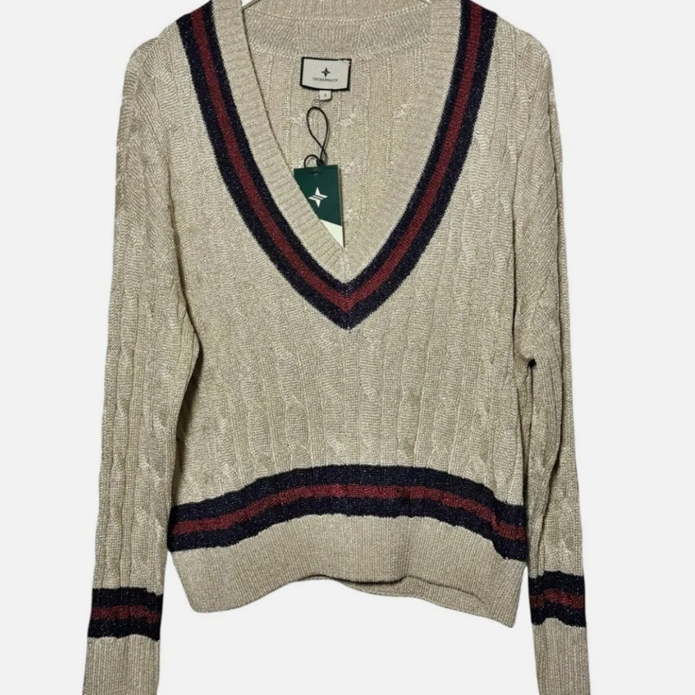 NWT TUCKERNUCK Garnet and Navy Stripe Gold Metallic Morrissey Sweater Size L - Picture 12 of 15